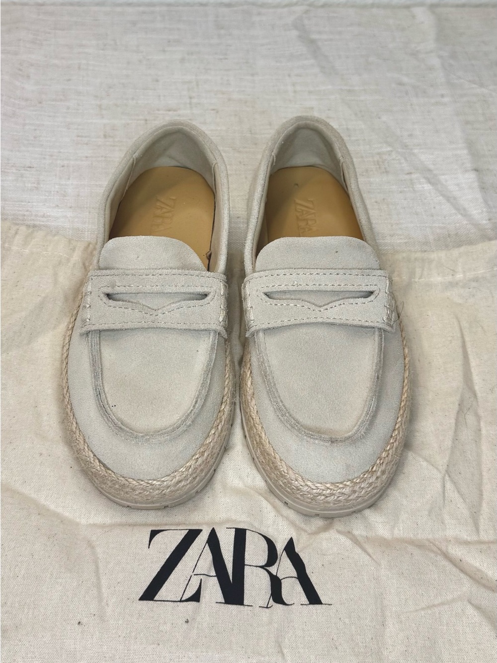 ZARA Cream Suede Penny Loafers with Braided Trim